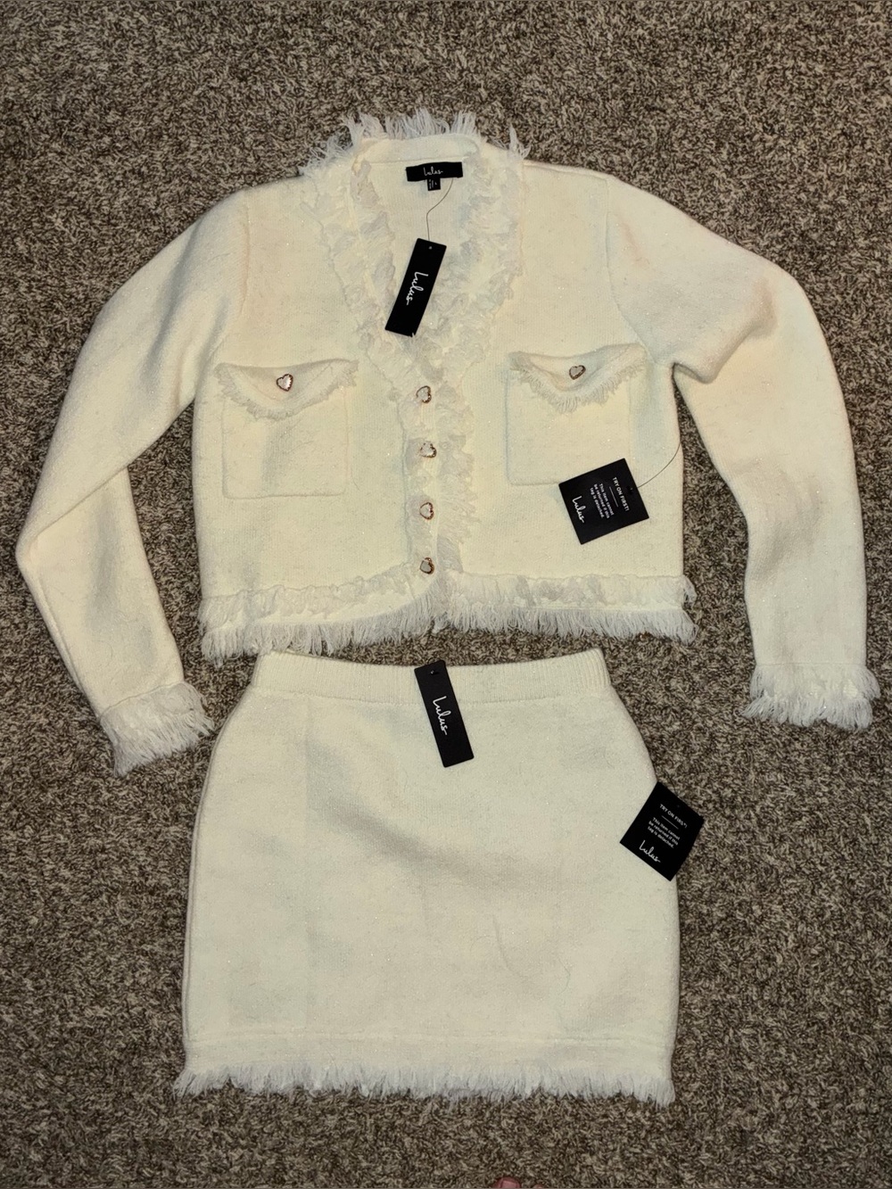 Lulu's Cream Tweed Cropped Jacket & Mini Skirt Set